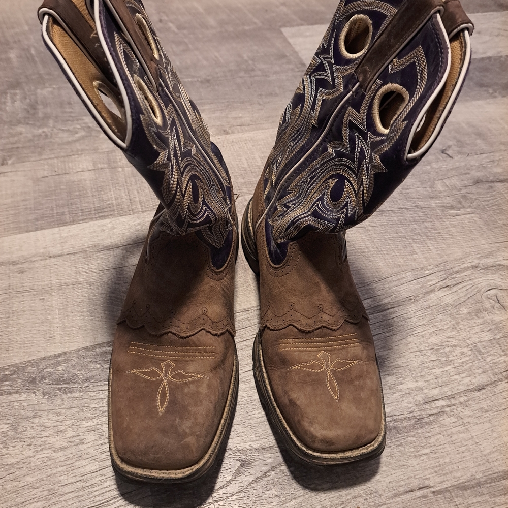 Durango Brown Suede Cowboy Boots with Navy Embroidered Shaft - Picture 2 of 5